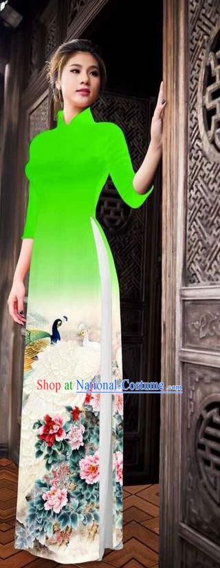 Traditional Top Grade Asian Vietnamese Ha Festival Printing Peony Green Ao Dai Dress, Vietnam National Jing Nationality Princess Cheongsam Costumes for Women