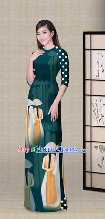 Traditional Top Grade Asian Vietnamese Ha Festival Printing Atrovirens Ao Dai Dress, Vietnam National Jing Nationality Princess Cheongsam Costumes for Women