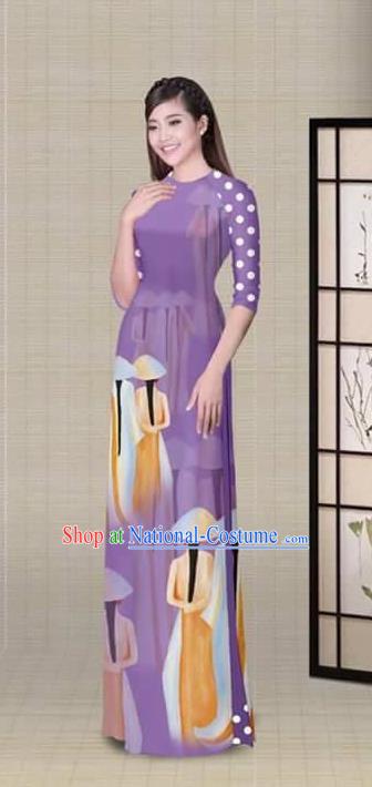 Traditional Top Grade Asian Vietnamese Ha Festival Printing Purple Ao Dai Dress, Vietnam National Jing Nationality Princess Cheongsam Costumes for Women