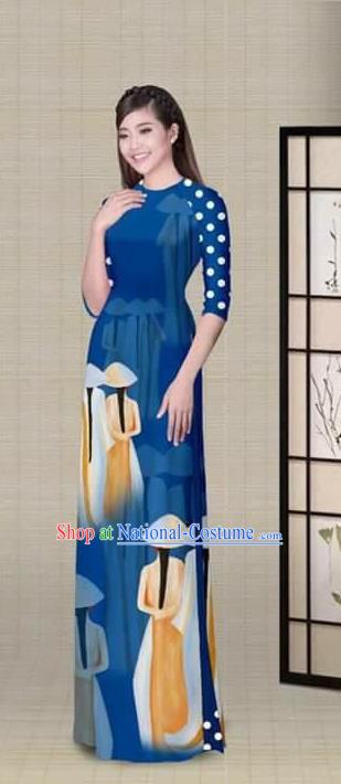 Traditional Top Grade Asian Vietnamese Ha Festival Printing Royalblue Ao Dai Dress, Vietnam National Jing Nationality Princess Cheongsam Costumes for Women