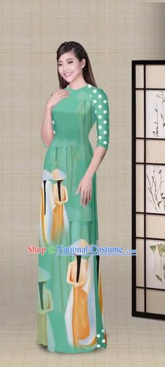 Traditional Top Grade Asian Vietnamese Ha Festival Printing Light Green Ao Dai Dress, Vietnam National Jing Nationality Princess Cheongsam Costumes for Women