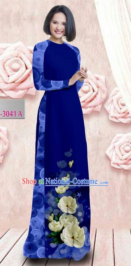 Traditional Top Grade Asian Vietnamese Ha Festival 3D Printing Bride Ao Dai Dress, Vietnam National Jing Nationality Princess Royalblue Cheongsam Costumes for Women