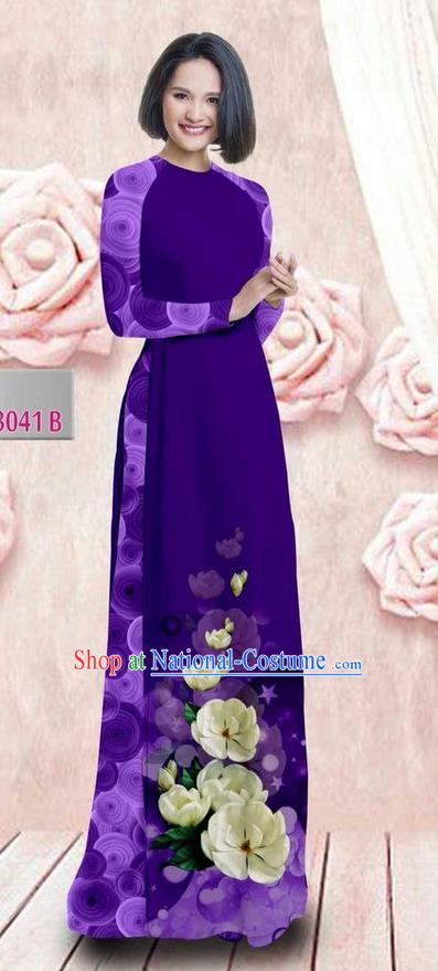 Traditional Top Grade Asian Vietnamese Ha Festival 3D Printing Bride Ao Dai Dress, Vietnam National Jing Nationality Princess Deep Purple Cheongsam Costumes for Women