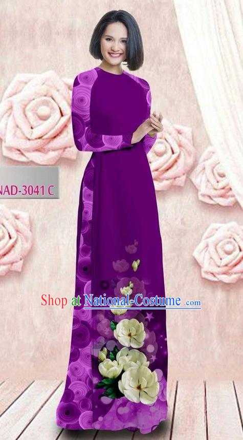 Traditional Top Grade Asian Vietnamese Ha Festival 3D Printing Bride Ao Dai Dress, Vietnam National Jing Nationality Princess Violet Cheongsam Costumes for Women