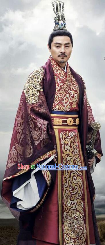 Traditional Chinese Ancient Warring States Time Imperial Magnate Male Costumes, Song of Phoenix Palace King Hanfu Clothing and Handmade Headpiece Complete Set