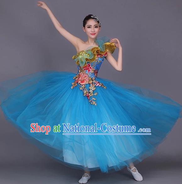 Top Grade Compere Professional Performance Costume, Chorus Formal Dress Modern Dance Blue Bubble Dress for Women