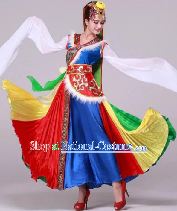 Traditional Chinese Zang Nationality Dancing Costume, Tibetan Female Dance Water Sleeve Dress, Chinese Minority Nationality Red Dress for Women