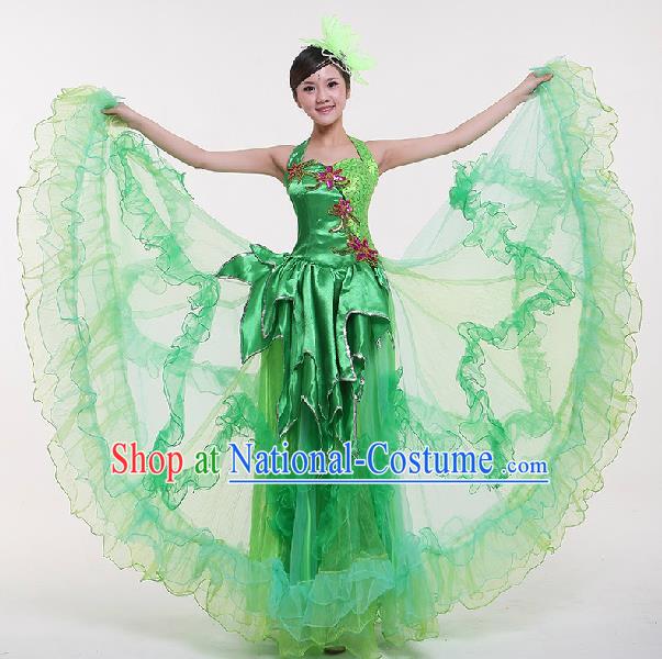 Top Grade Compere Professional Compere Costume, Chorus Dress Modern Opening Dance Big Swing Green Dress for Women