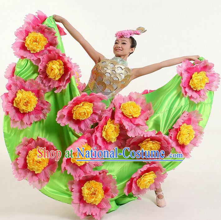 Top Grade Compere Professional Compere Costume, Chorus Flowers Dress Modern Opening Dance Big Swing Green Dress for Women