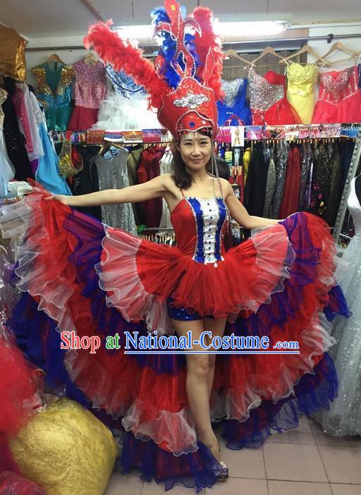 Top Grade Compere Professional Compere Costume, Chorus Dress Modern Opening Dance Big Swing Red Dress for Women