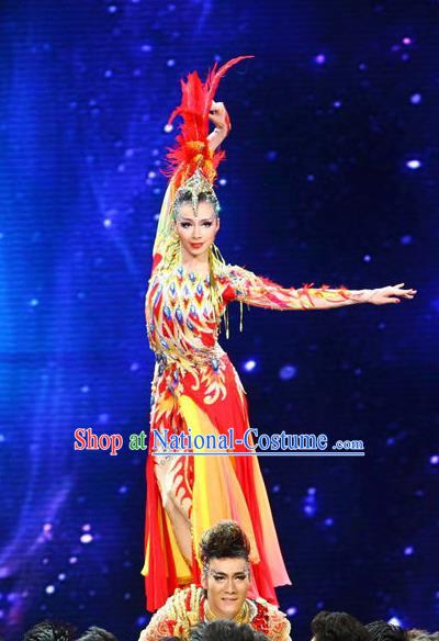 Traditional Chinese Nationality Dance Costume, Female Auspicious Bird Dance Dress, Chinese Minority Nationality Feather Clothing for Women