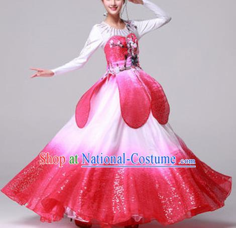 Top Grade Compere Professional Compere Costume, Ballroom Dance Dress Opening Dance Lotus Dance Big Swing Pink Dress for Women