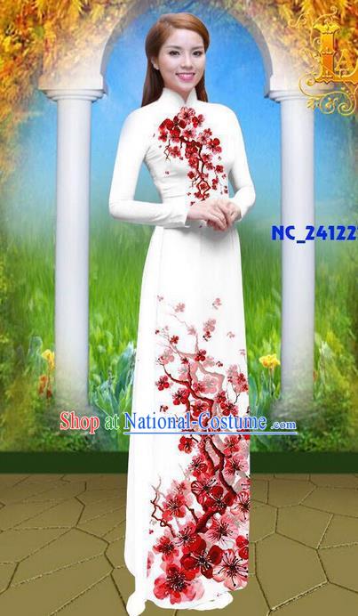 Traditional Top Grade Asian Vietnamese Ha Festival 3D Printing Azalea Bride Ao Dai Dress, Vietnam National Jing Nationality Princess Cheongsam Costumes for Women