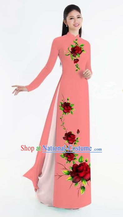 Traditional Top Grade Asian Vietnamese Ha Festival Bride Printing Ao Dai Dress, Vietnam National Jing Nationality Princess Watermelon Red Cheongsam Costumes for Women