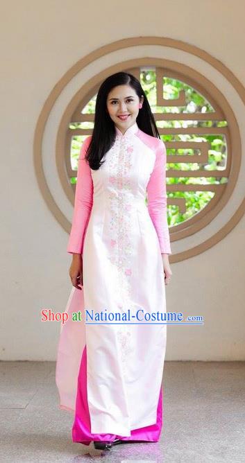 Traditional Top Grade Asian Vietnamese Ha Festival Bride Ao Dai Dress, Vietnam National Jing Nationality Princess Pink Cheongsam Costumes for Women