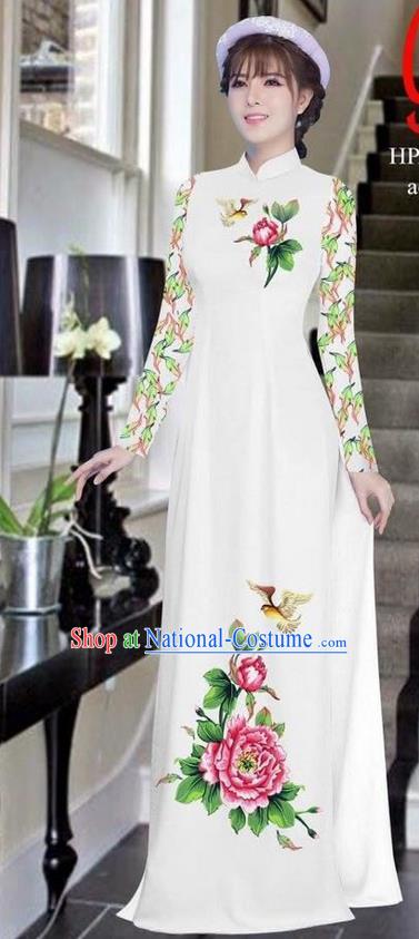 Traditional Top Grade Asian Vietnamese Ha Festival Bride Printing Peony White Ao Dai Dress, Vietnam Women National Jing Nationality Princess Cheongsam Costumes