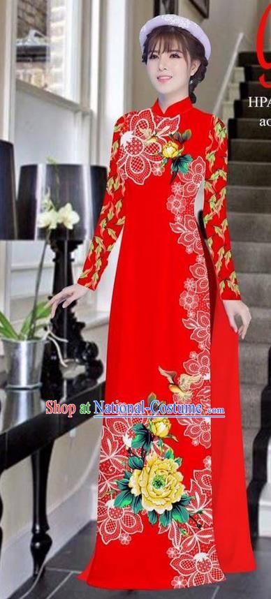 Traditional Top Grade Asian Vietnamese Ha Festival Bride Printing Peony Red Ao Dai Dress, Vietnam Women National Jing Nationality Princess Cheongsam Costumes