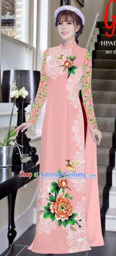 Traditional Top Grade Asian Vietnamese Ha Festival Bride Printing Peony Pink Ao Dai Dress, Vietnam Women National Jing Nationality Princess Cheongsam Costumes