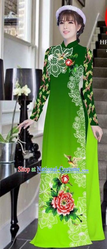 Traditional Top Grade Asian Vietnamese Ha Festival Bride Printing Peony Deep Green Ao Dai Dress, Vietnam Women National Jing Nationality Princess Cheongsam Costumes