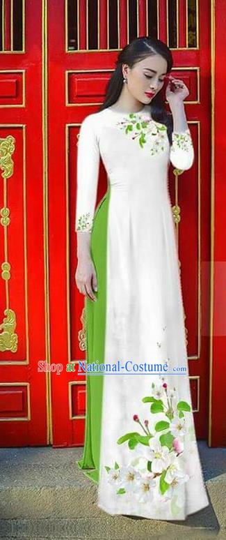 Traditional Top Grade Asian Vietnamese Ha Festival Bride Printing Ao Dai Dress, Vietnam Women National Jing Nationality Princess White Cheongsam Costumes