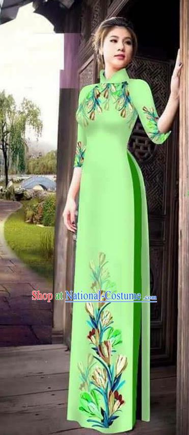 Traditional Top Grade Asian Vietnamese Ha Festival Printing Ao Dai Dress, Vietnam Women National Jing Nationality Princess Light Green Cheongsam Bride Costumes