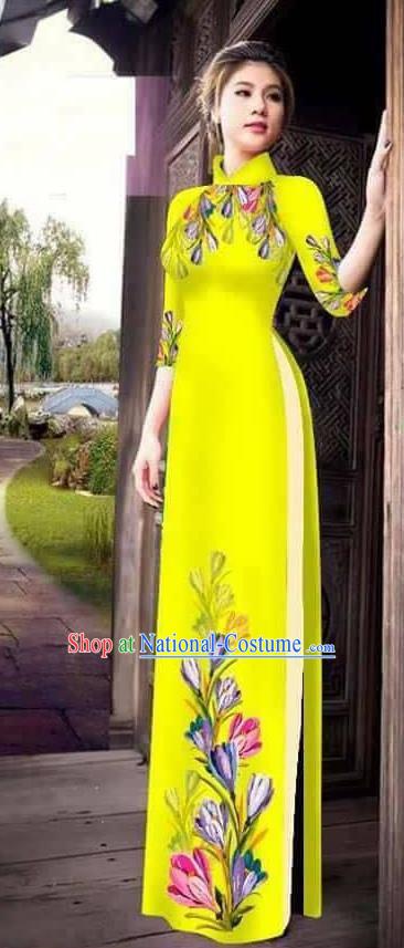 Traditional Top Grade Asian Vietnamese Ha Festival Printing Ao Dai Dress, Vietnam Women National Jing Nationality Princess Yellow Cheongsam Bride Costumes