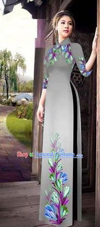 Traditional Top Grade Asian Vietnamese Ha Festival Printing Ao Dai Dress, Vietnam Women National Jing Nationality Princess Grey Cheongsam Bride Costumes