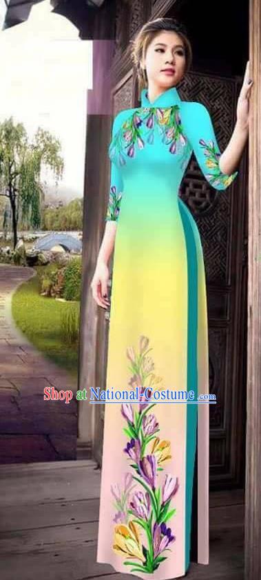 Traditional Top Grade Asian Vietnamese Ha Festival Printing Ao Dai Dress, Vietnam Women National Jing Nationality Princess Light Blue Cheongsam Bride Costumes