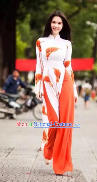 Traditional Top Grade Asian Vietnamese Ha Festival Printing Common Callalily Ao Dai Dress, Vietnam Women National Jing Nationality Princess Cheongsam Bride Costumes