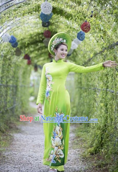 Traditional Top Grade Asian Vietnamese Ha Festival Printing Ao Dai Dress, Vietnam Women National Jing Nationality Princess Green Cheongsam Bride Costumes