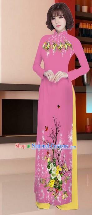 Traditional Top Grade Asian Vietnamese Ha Festival Printing Ao Dai Dress, Vietnam Women National Jing Nationality Princess Rosy Cheongsam Bride Costumes