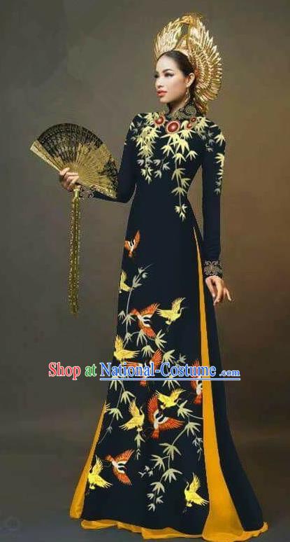 Traditional Top Grade Asian Vietnamese Ha Festival Printing Cranes Ao Dai Dress, Vietnam Women National Jing Nationality Queen Black Cheongsam Bride Costumes