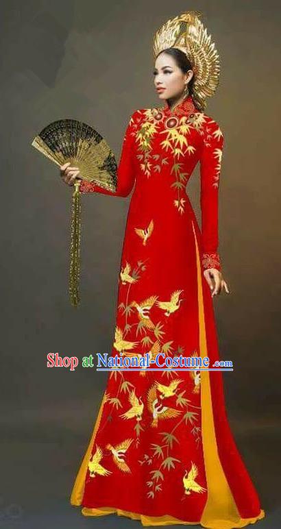 Traditional Top Grade Asian Vietnamese Ha Festival Printing Cranes Ao Dai Dress, Vietnam Women National Jing Nationality Queen Red Cheongsam Bride Costumes