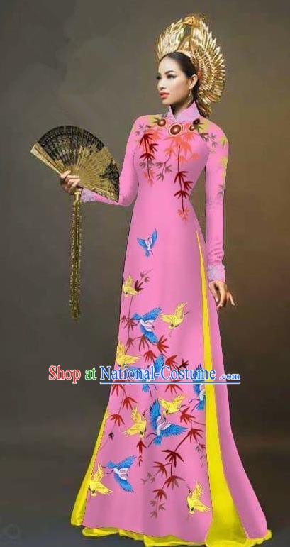 Traditional Top Grade Asian Vietnamese Ha Festival Printing Cranes Ao Dai Dress, Vietnam Women National Jing Nationality Queen Pink Cheongsam Bride Costumes