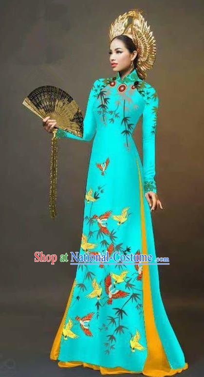 Traditional Top Grade Asian Vietnamese Ha Festival Printing Cranes Ao Dai Dress, Vietnam Women National Jing Nationality Queen Blue Cheongsam Bride Costumes