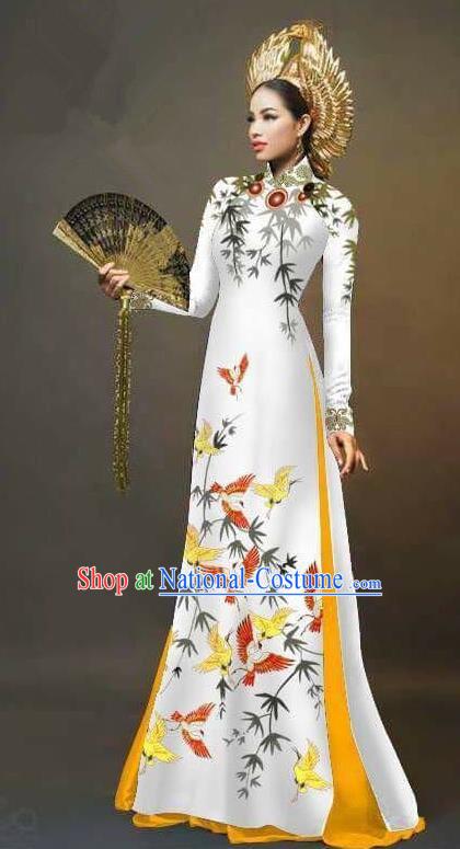 Traditional Top Grade Asian Vietnamese Ha Festival Printing Cranes Ao Dai Dress, Vietnam Women National Jing Nationality Queen Cheongsam Bride Costumes