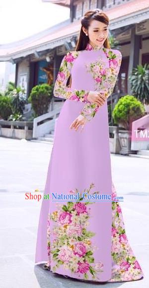 Traditional Top Grade Asian Vietnamese Ha Festival Printing Flowers Lilac Ao Dai Dress, Vietnam Women National Jing Nationality Princess Cheongsam Bride Costumes