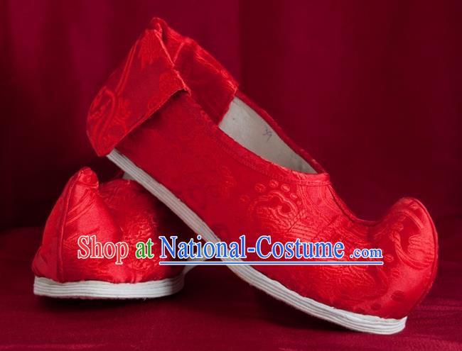 Traditional Chinese Peking Opera Shoes, China Ancient Bride Handmade Red Shoes, Chinese Tang Dynasty Princess Embroidered Cloth Shoes for Women