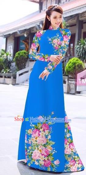 Traditional Top Grade Asian Vietnamese Ha Festival Printing Flowers Blue Ao Dai Dress, Vietnam Women National Jing Nationality Princess Cheongsam Bride Costumes