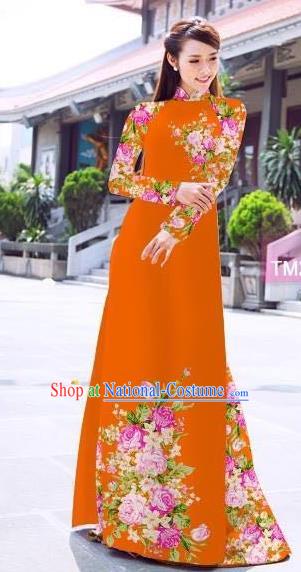 Traditional Top Grade Asian Vietnamese Ha Festival Printing Flowers Orange Ao Dai Dress, Vietnam Women National Jing Nationality Princess Cheongsam Bride Costumes