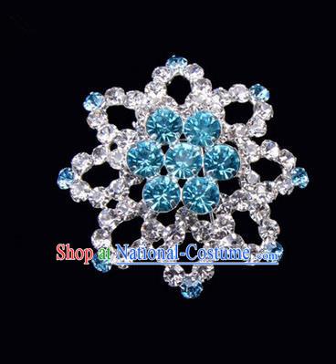 Chinese Ancient Peking Opera Jewelery Accessories, Traditional Chinese Beijing Opera Props Octagon Brooch Ornaments Hua Tan Blue Rhinestone Breastpin