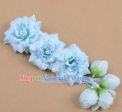 Chinese Ancient Peking Opera Blue Flowers Hair Accessories, Traditional Chinese Beijing Opera Props Head Ornaments Hua Tan Flocking Headwear Hairpins