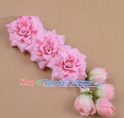 Chinese Ancient Peking Opera Pink Flowers Hair Accessories, Traditional Chinese Beijing Opera Props Head Ornaments Hua Tan Flocking Headwear Hairpins