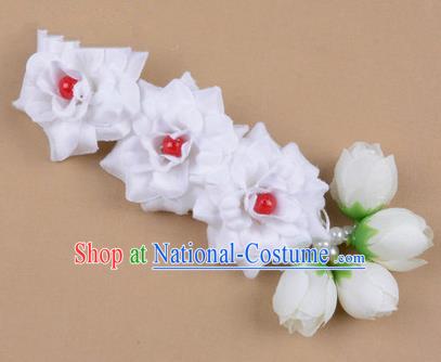 Chinese Ancient Peking Opera White Flowers Hair Accessories, Traditional Chinese Beijing Opera Props Head Ornaments Hua Tan Flocking Headwear Hairpins