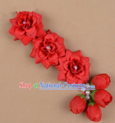 Chinese Ancient Peking Opera Red Flowers Hair Accessories, Traditional Chinese Beijing Opera Props Head Ornaments Hua Tan Flocking Headwear Hairpins