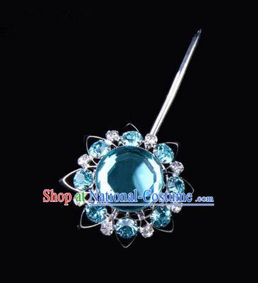 Chinese Ancient Peking Opera Pink Flowers Hair Accessories Headwear, Traditional Chinese Beijing Opera Props Head Ornaments Hua Tan Blue Crystal Bulb Hairpins