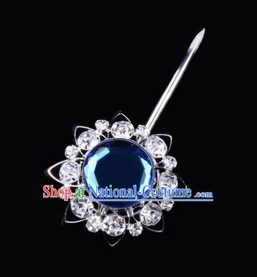 Chinese Ancient Peking Opera Pink Flowers Hair Accessories Headwear, Traditional Chinese Beijing Opera Head Ornaments Hua Tan White Blue Crystal Bulb Hairpins