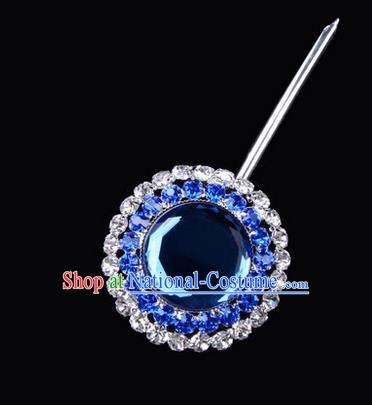 Chinese Ancient Peking Opera Pink Flowers Hair Accessories Headwear, Traditional Chinese Beijing Opera Head Ornaments Hua Tan Double Ring Blue Crystal Bulb Hairpins