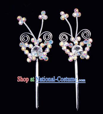 Chinese Ancient Peking Opera Pink Flowers Hair Accessories Headwear, Traditional Chinese Beijing Opera Head Ornaments Hua Tan Colorful White Butterfly Crystal Hairpins