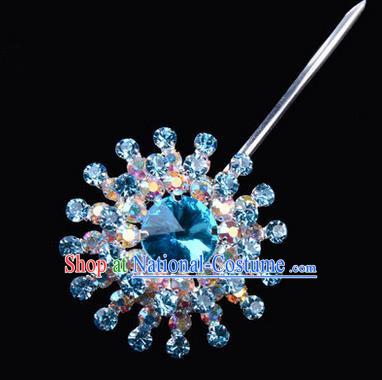 Chinese Ancient Peking Opera Pink Flowers Hair Accessories Headwear, Traditional Chinese Beijing Opera Head Ornaments Hua Tan Colorful Blue Crystal Bulb Hairpins